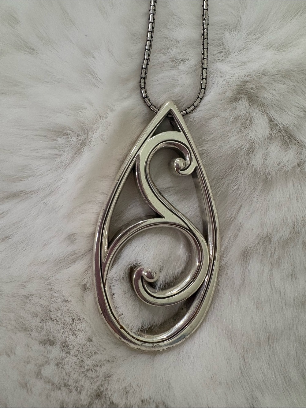 Brighton Retired Silver Plated Open Teardrop Scroll Pendant Long Necklace 33"